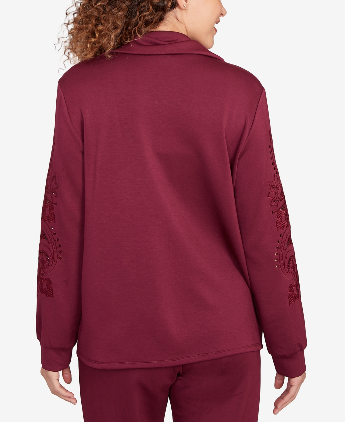 Ruby Rd. Petite Embroidered Floral Cutout Snap Jacket In Red