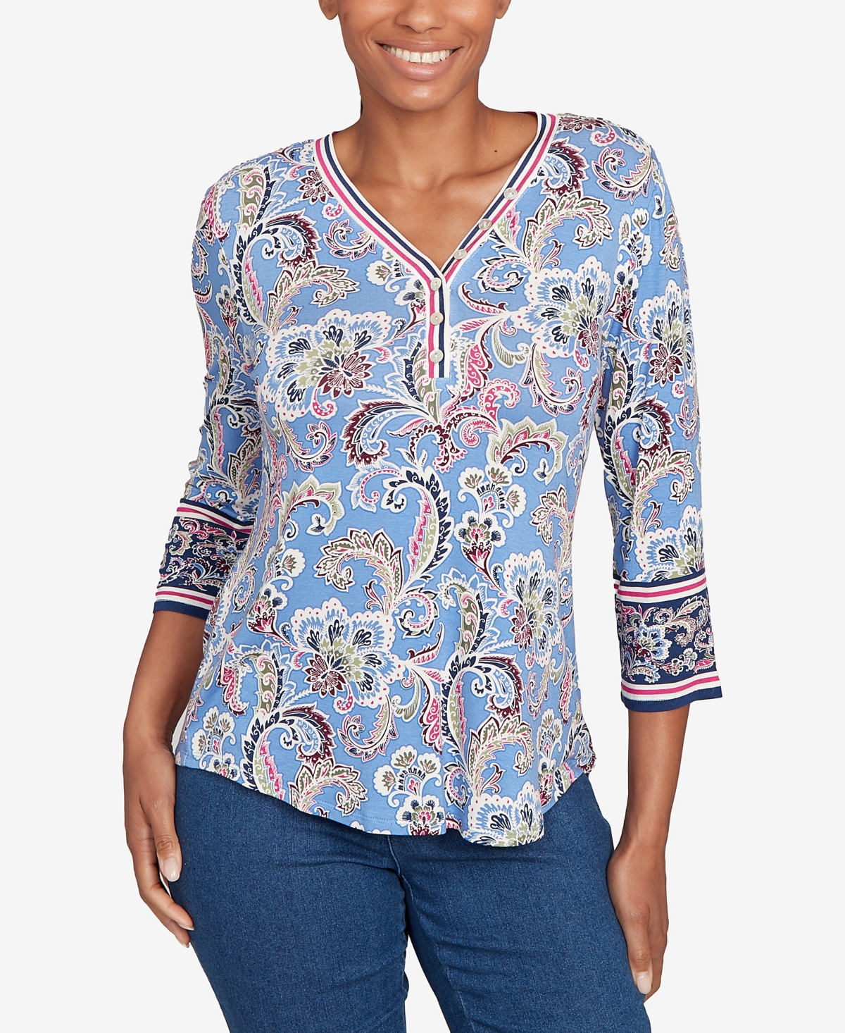 Ruby Rd. Petite Stripe Trim Paisley Henley Top