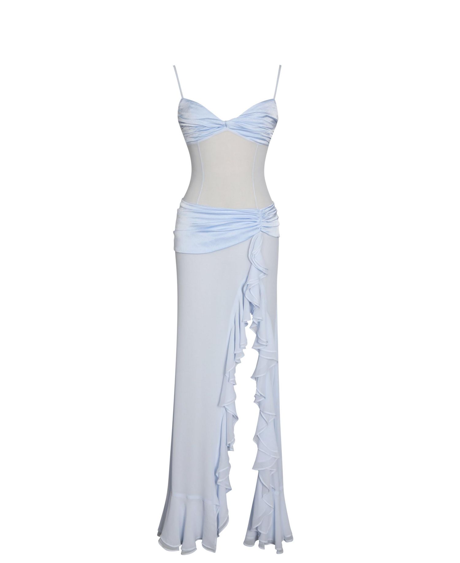 Women Lacy Blue Ruched Breast High Slit Chiffon Dress