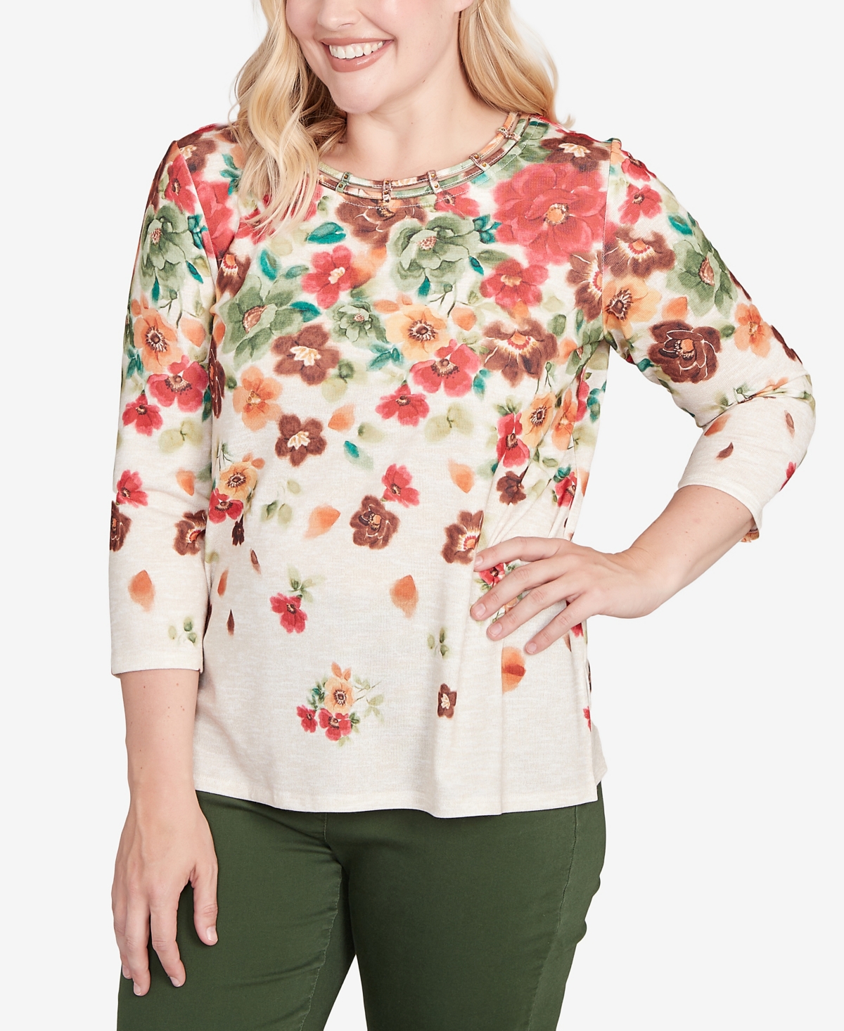 Alfred Dunner Petite Mount Laurel Floral Detailed Neck Top In Multi