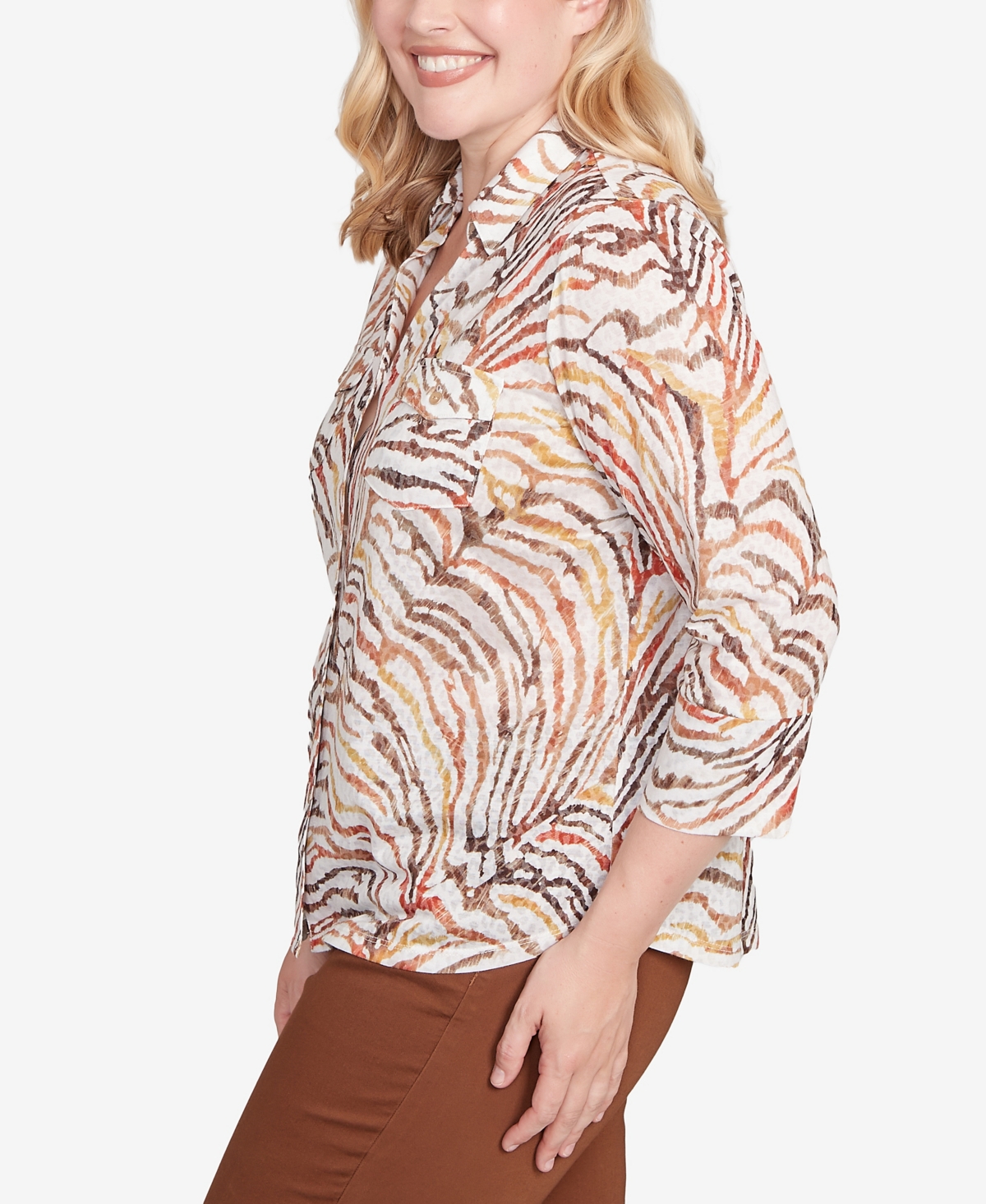 Alfred Dunner Petite Mount Laurel Animal Burnout Button Front Top