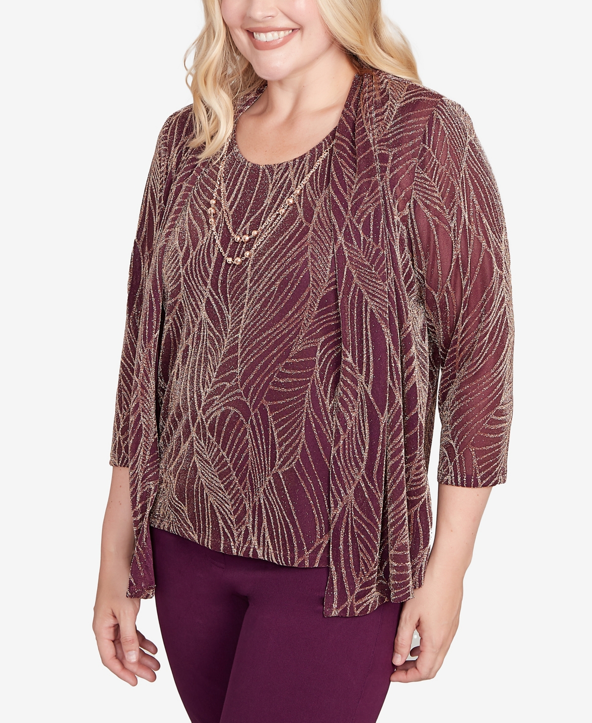 Alfred Dunner Petite Urban Legend Glitter Leaf Two In One Top With Necklace In Pink