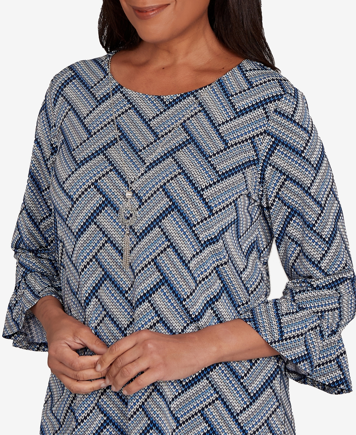 Alfred Dunner Petite Chevron Textured Knit Top With Necklace In Gray