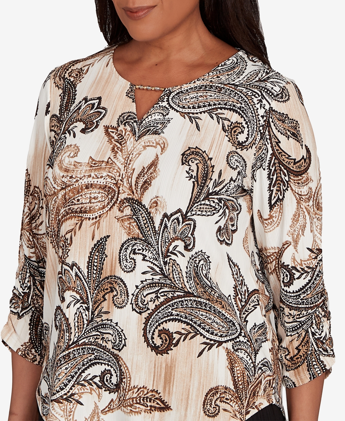 Alfred Dunner Petite Textured Paisley Ruched Sleeves Top In Brown