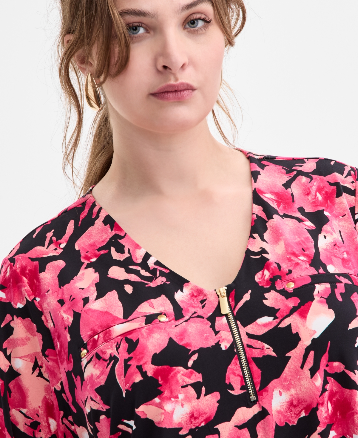 Inc International Concepts Plus Size Zip-front Long-sleeve Top, Macy's Exclusive In Multi