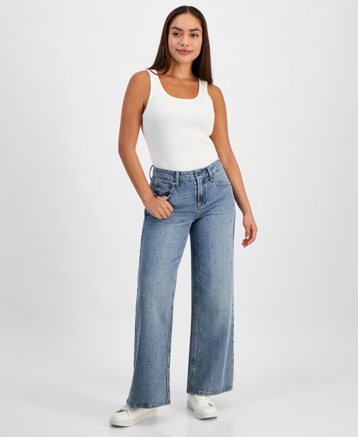 And Now This Petite Studded Wide-leg Jeans, Macy's Exclusive In Blue