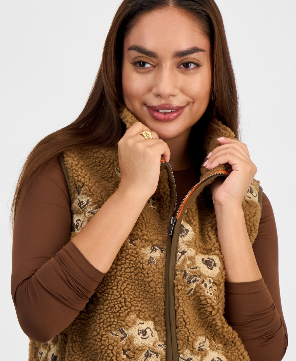 And Now This Petite Embroidered Sherpa Fleece Vest, Macy's Exclusive In Brown