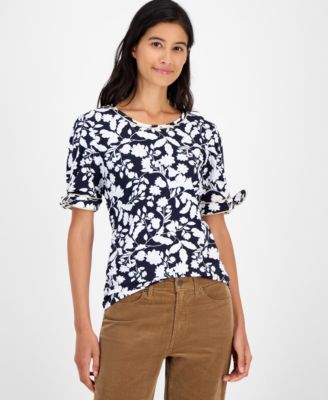 Women's Floral-Print Tie-Cuff T-Shirt