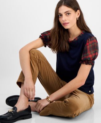 Women's Mixed-Media Plaid Puff-Sleeve Top