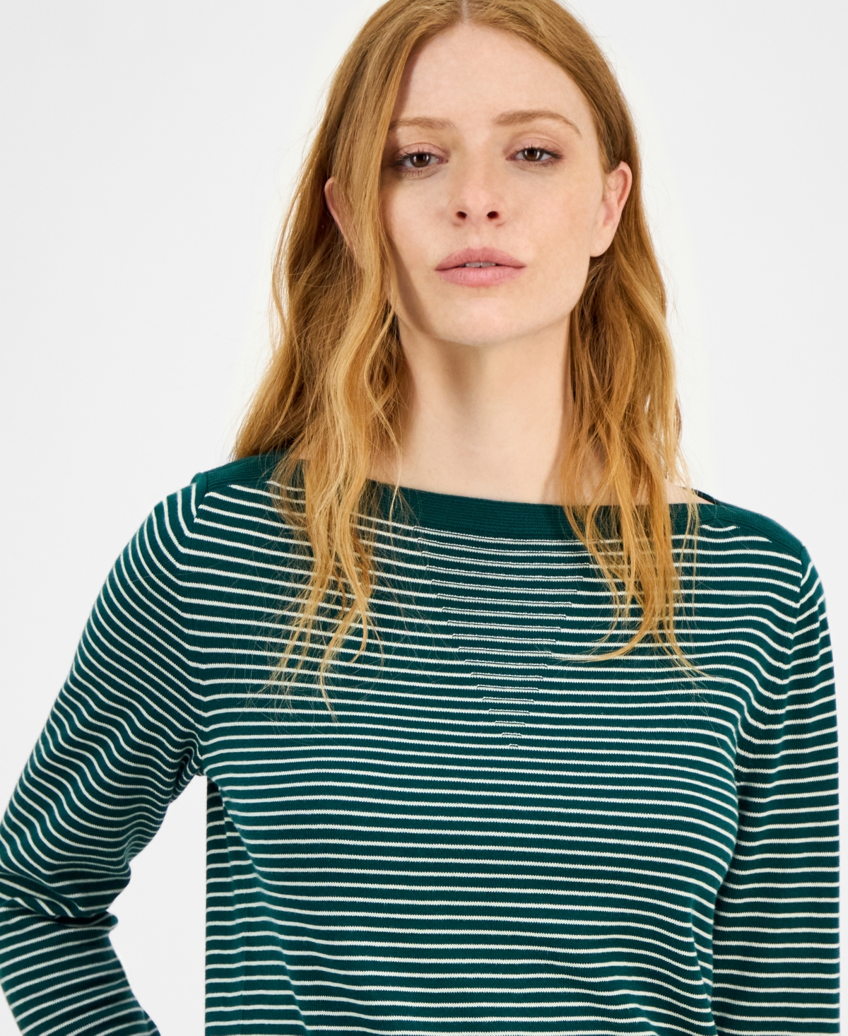 Nautica Jeans Women's Cotton Striped Boat-neck Sweater In Green
