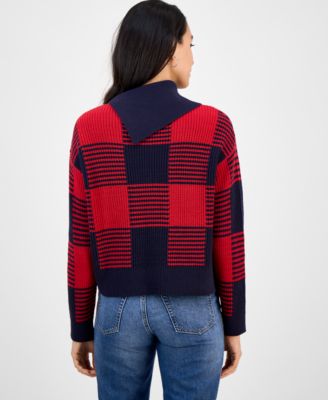 Women's Buffalo Plaid Asymmetrical-Neckline Sweater
