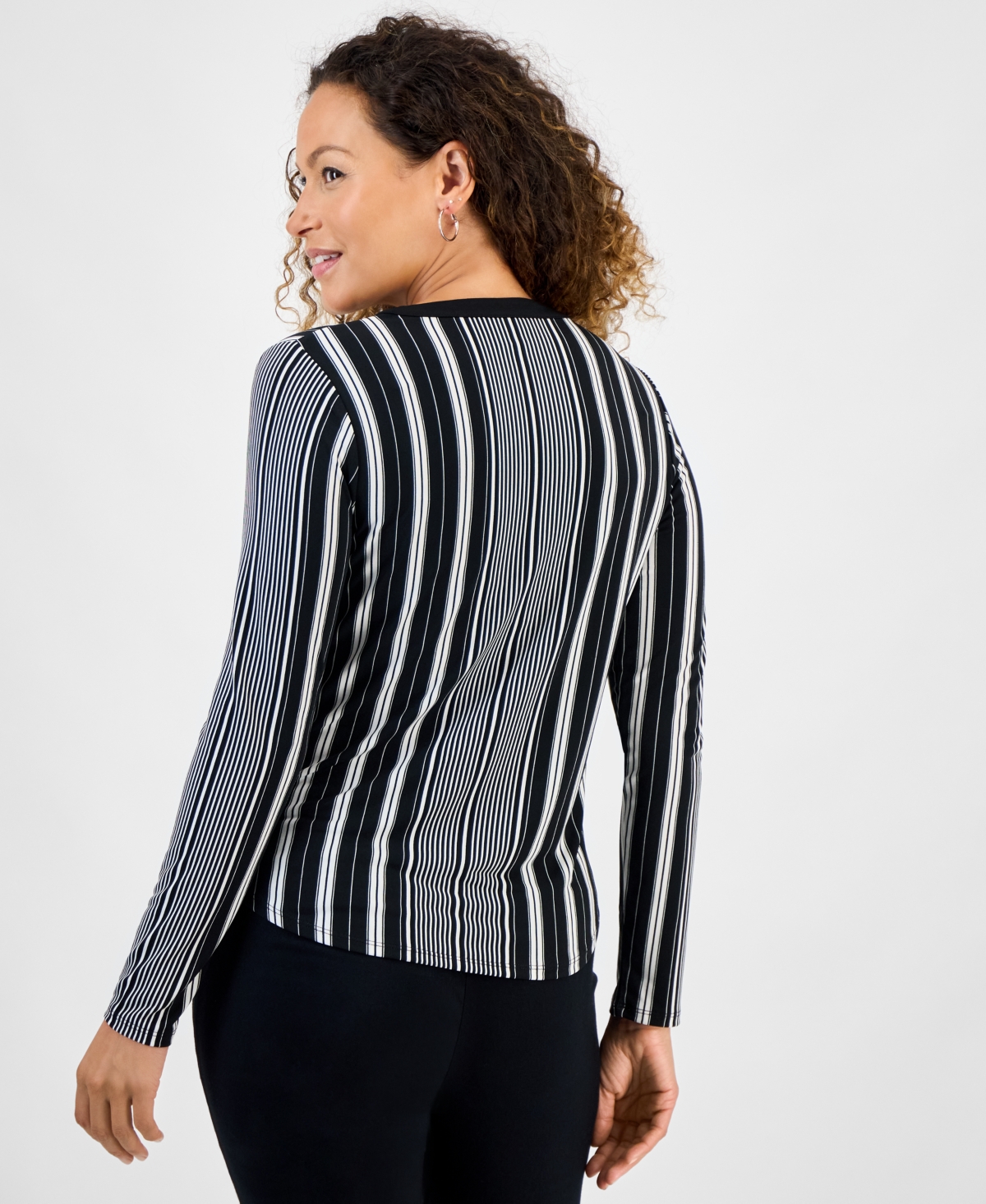 Jm Collection Petite Printed Long-sleeve Faux-pocket Top In Black