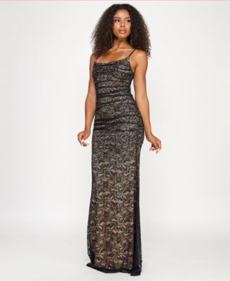 Juniors' Sleeveless Lace Corset Back Detail Gown