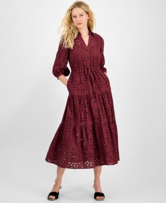 julia jordan - Women's Eyelet Tie-Waist 3/4-Sleeve Midi Dress