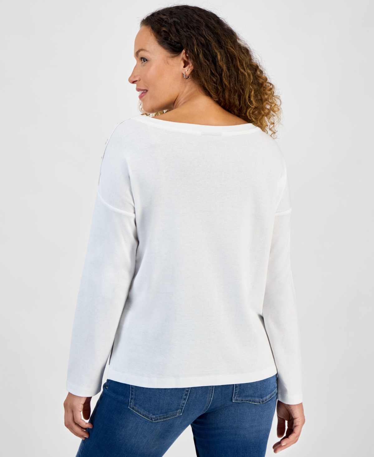 Style & Co Petite Cotton Long-sleeve Scoop-neck Top, Macy's Exclusive In White