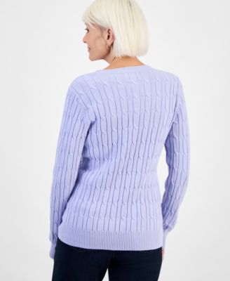 Petite Cotton Cable-Knit V-Neck Sweater, Created for Macy's 