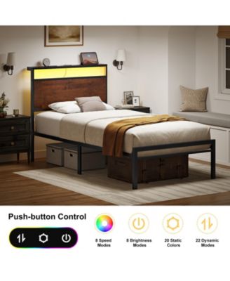 Industrial Twin Size Bed Frame with Storage LED Headboard, Charging Station, No Box Spring Needed
