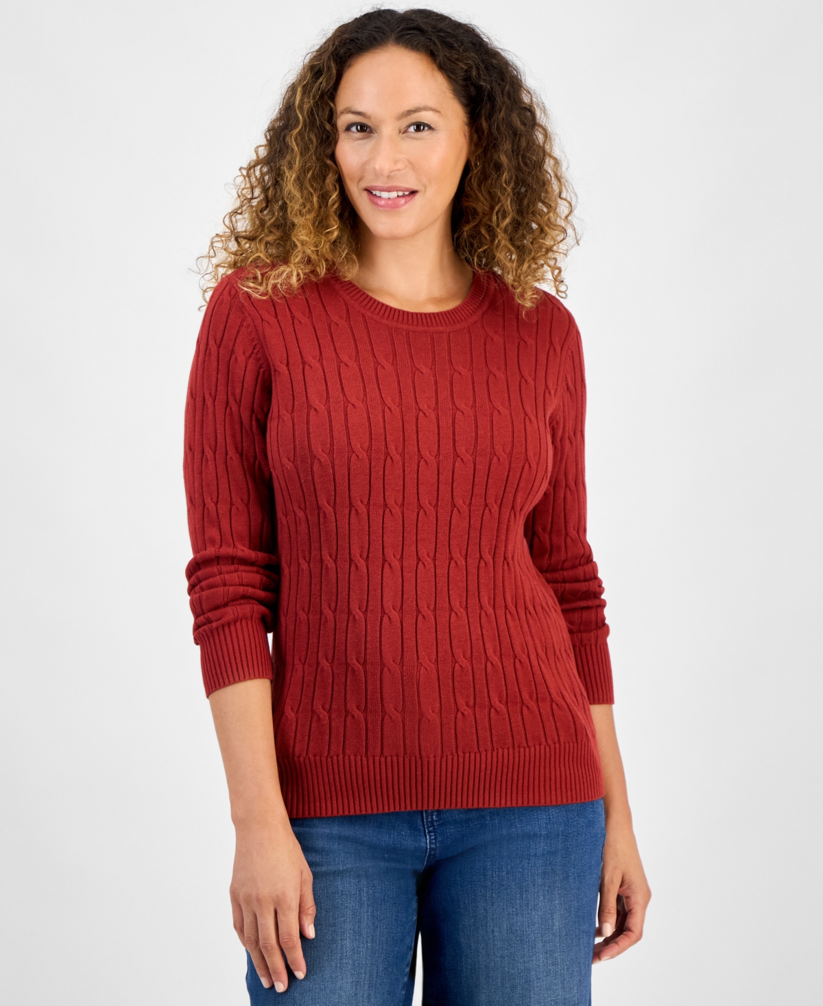 Style & Co Petite Cotton Cable-knit Crewneck Sweater, Created For Macy's In Brown