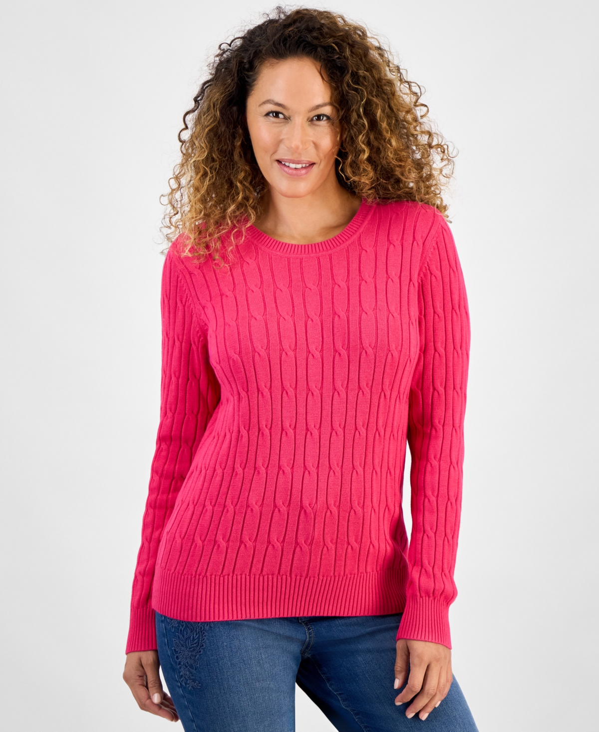 Style & Co Petite Cotton Cable-knit Crewneck Sweater, Created For Macy's In Pink