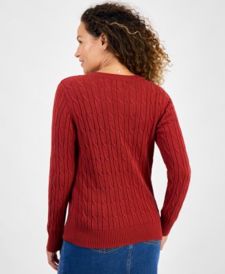 Petite Cotton Cable-Knit V-Neck Sweater