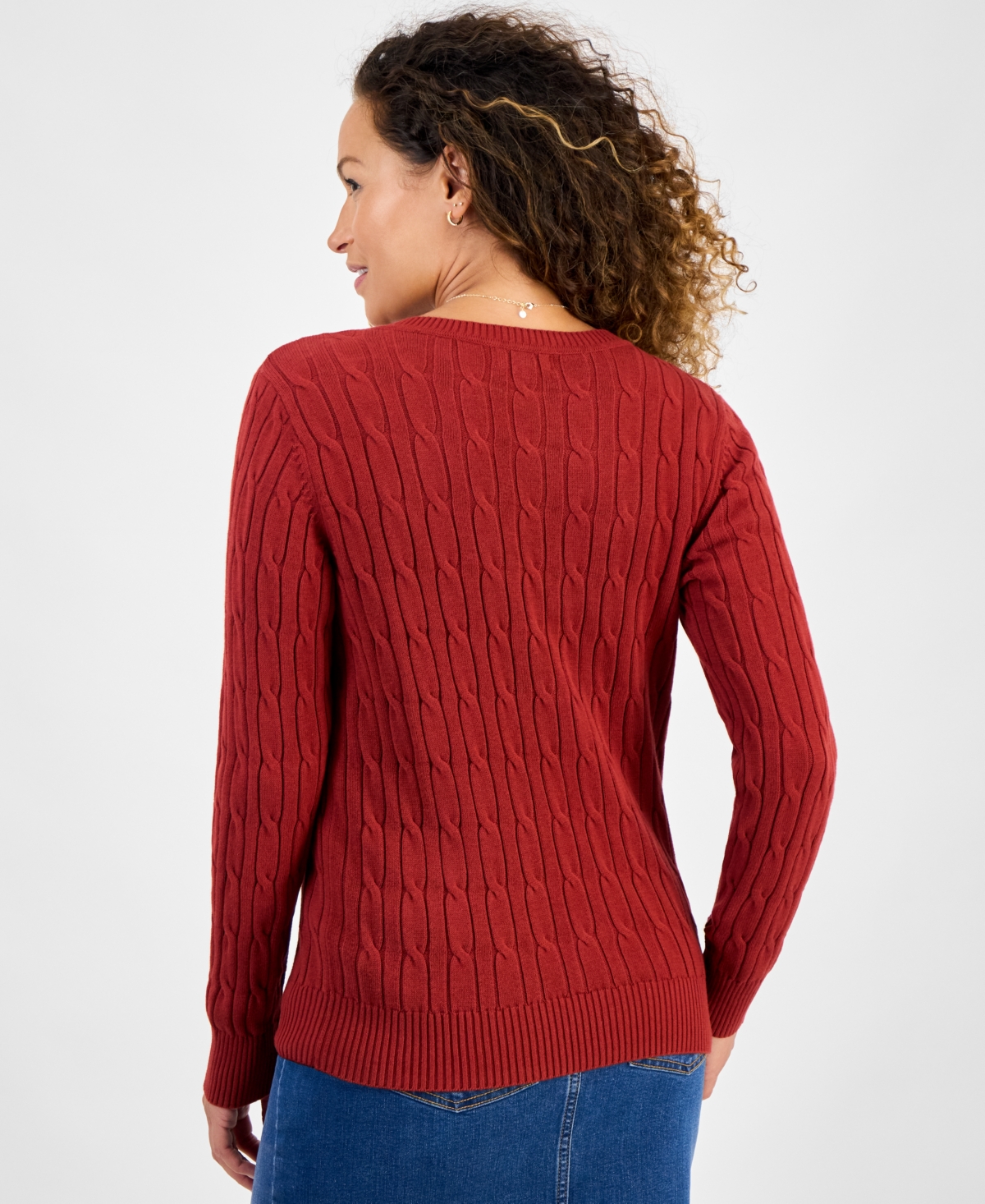 Style & Co Petite Cotton Cable-knit V-neck Sweater, Created For Macy's In Burgundy