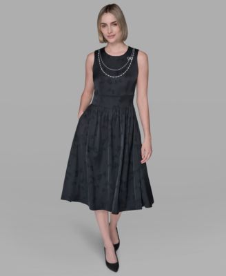 KARL LAGERFELD PARIS - Women's Embellished Jacquard Fit & Flare Dress