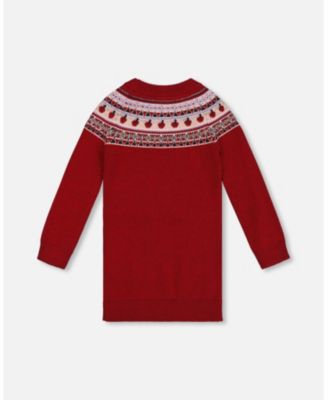Big Girls Knit Dress Red with Apple Jacquard Yoke