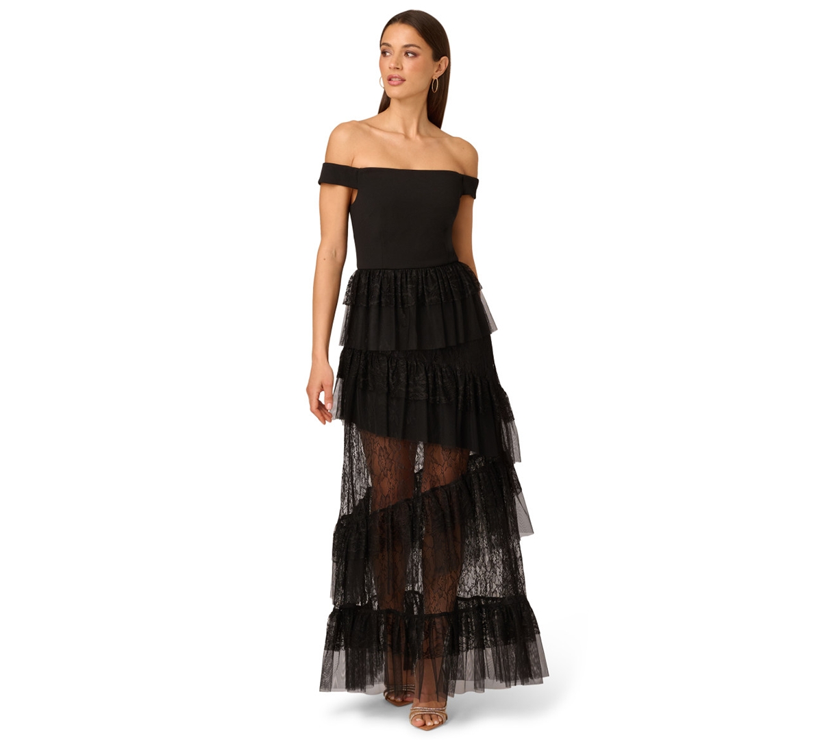 Adrianna Women's Off-the-shoulder Layered Lace Gown In Black