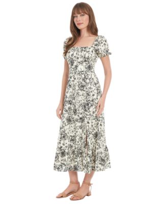 Petite Floral-Print Puff-Sleeve Midi Dress