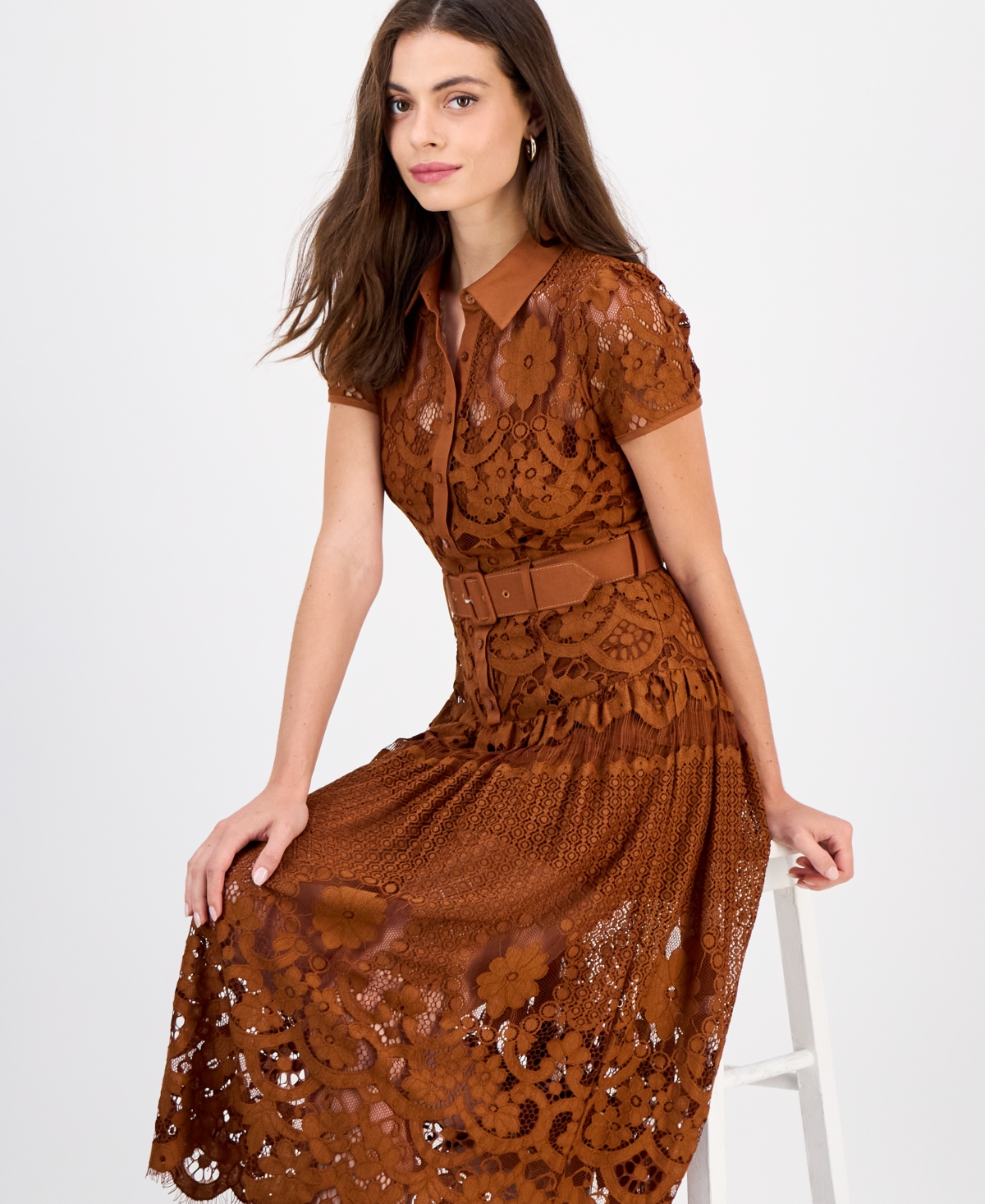 Rachel Rachel Roy Women's Jolene Collared Lace Midi Dress In Brown