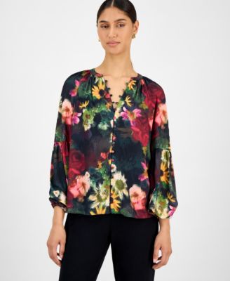 T Tahari - Women's Floral Split-Neck Blouse