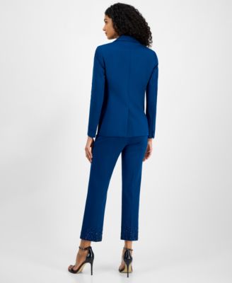 Anne Klein Womens Embellished One Button Jacket Shirred Surplice Neck Sleeveless Top Embellished Mid Rise Capri In Blue