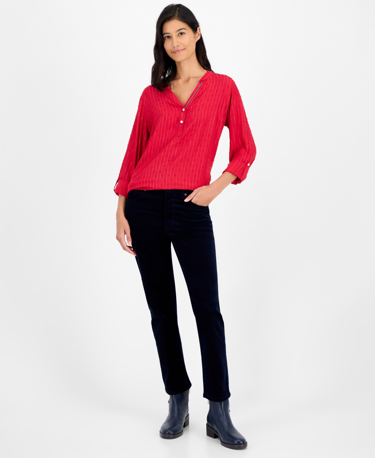 Tommy Hilfiger Women's Sparkle Clip Dot Popover Top In Red