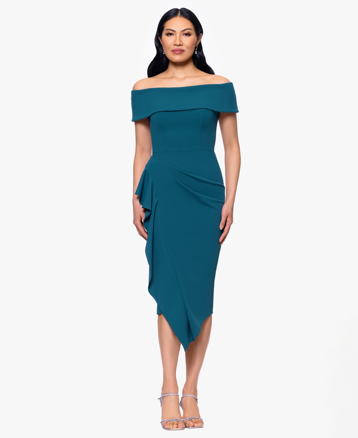 B & A By Betsy And Adam Off-the-shoulder Midi Scuba Crepe Dress In Blue