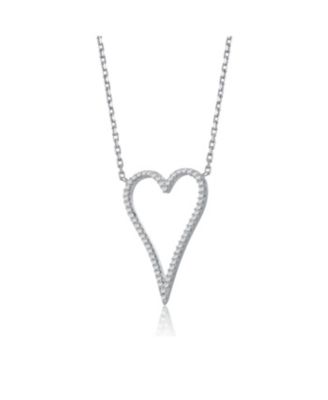 White Gold Plated with Cubic Zirconia Elongated Open Heart Halo Pendant Necklace