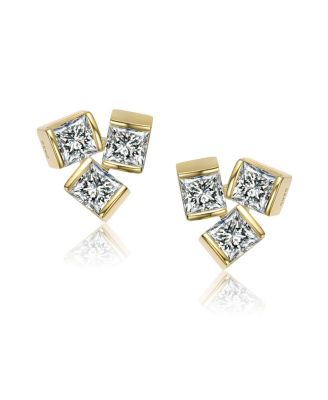 14K Gold Plated with Clear Cubic Zirconia 3-Stone Stud Earrings