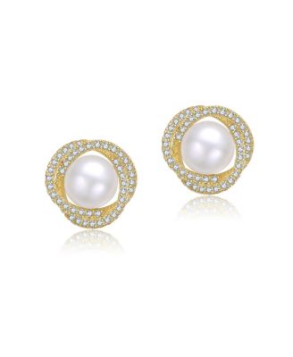 14K Gold Plated with Clear Cubic Zirconia & Mother of Pearl Stud Earrings