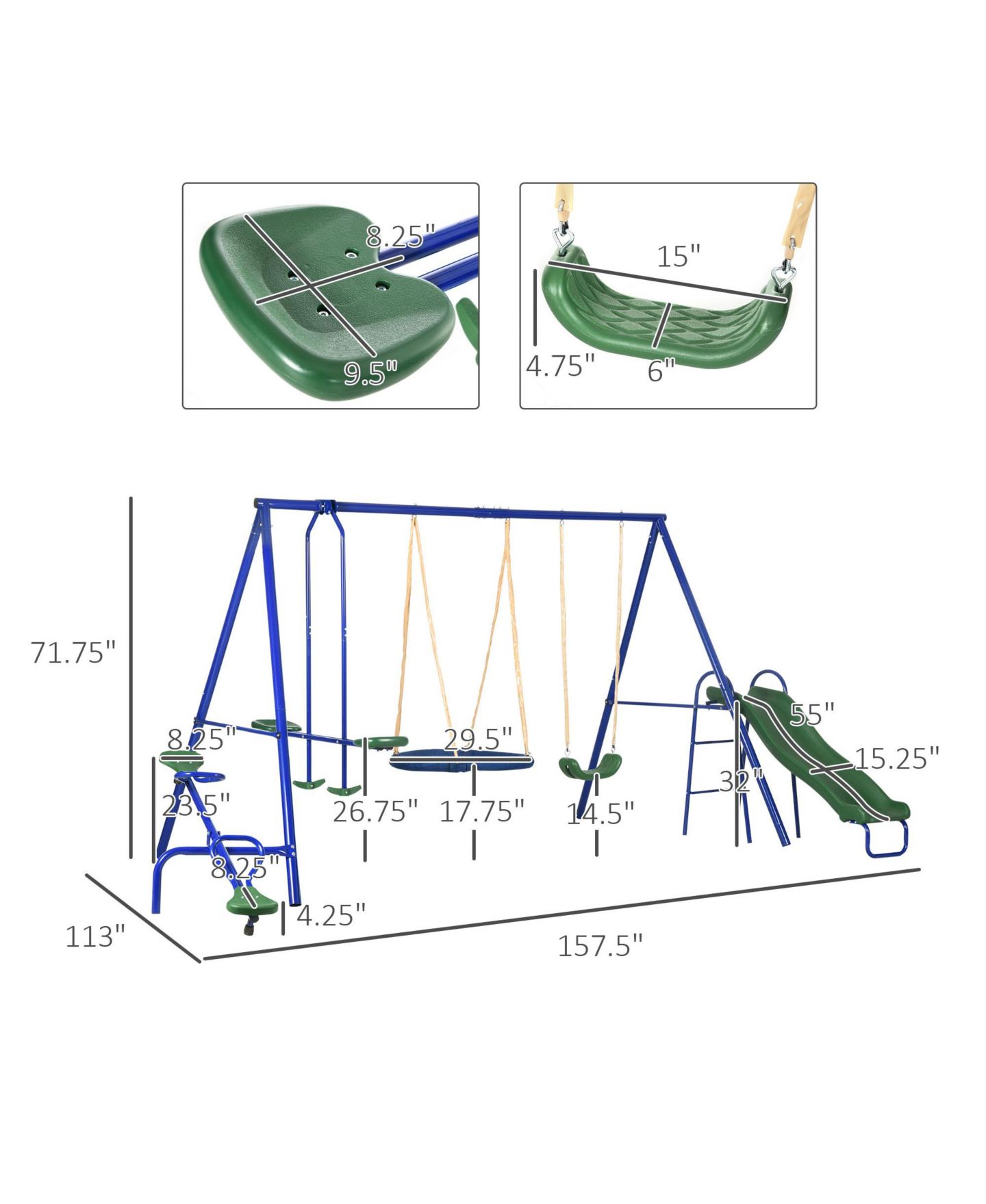 Детские игрушки Outsunny 4-in-1 Metal Swing Set with Glider, Seesaw, Saucer Swing & Slide, Holds 7, Ages 3+, цвет: Синий — фото 3
