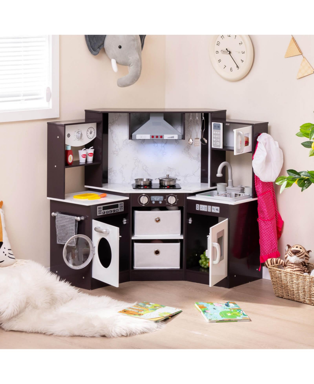 Wooden Kids Play Corner Kitchen with Realistic Lights & Sounds Lighted Range Hood