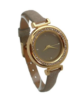 Taupe Thin Solid Color Strap and Rhinestones Women Watch