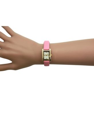 Pink Thin Gold Square Face Solid Faux Leather Women Watch