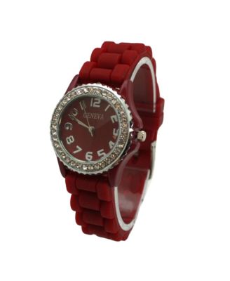 Burgundy Every Day Thin Band Silicone and Rhinestones Colorful Women Watch