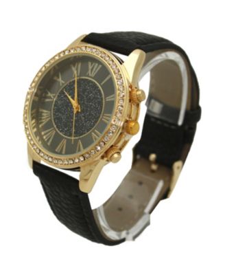 BLACK GLITTER AND GOLD DETAIL LEATHER STRAP WATCH