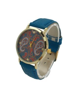 Blue Paisley Face Leather Strap Watch