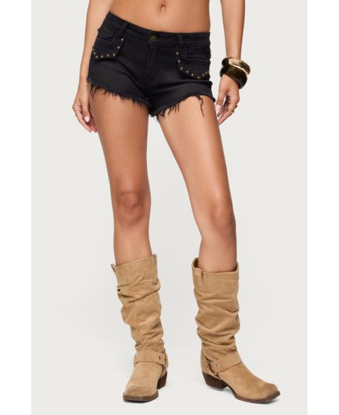 Женские шорты Edikted Studded Low Rise Denim Micro, цвет: Чёрный