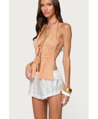 Womens Sequin Knit Split Front Backless Top