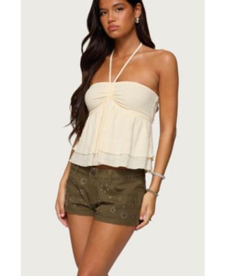 Womens Layered Linen Look Babydoll Halter Top