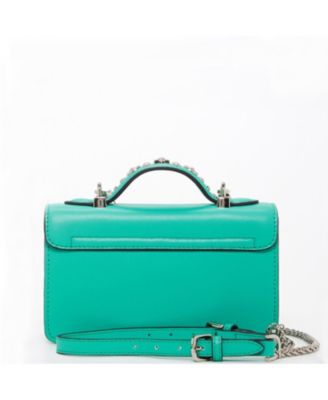 Small Green Leather Crossbody Bag with Silver Studs Designer Purse for Women