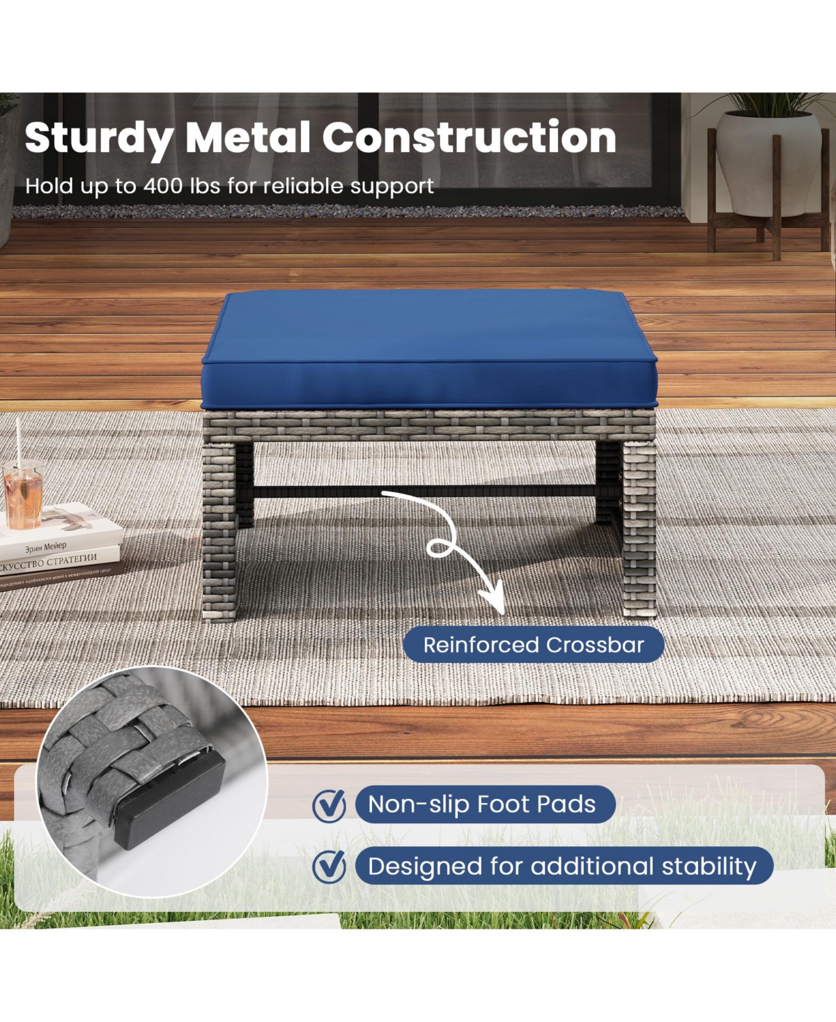 Gymax 2 Pieces Patio Pe Rattan Ottomans with Soft Zippered Cushions for Deck