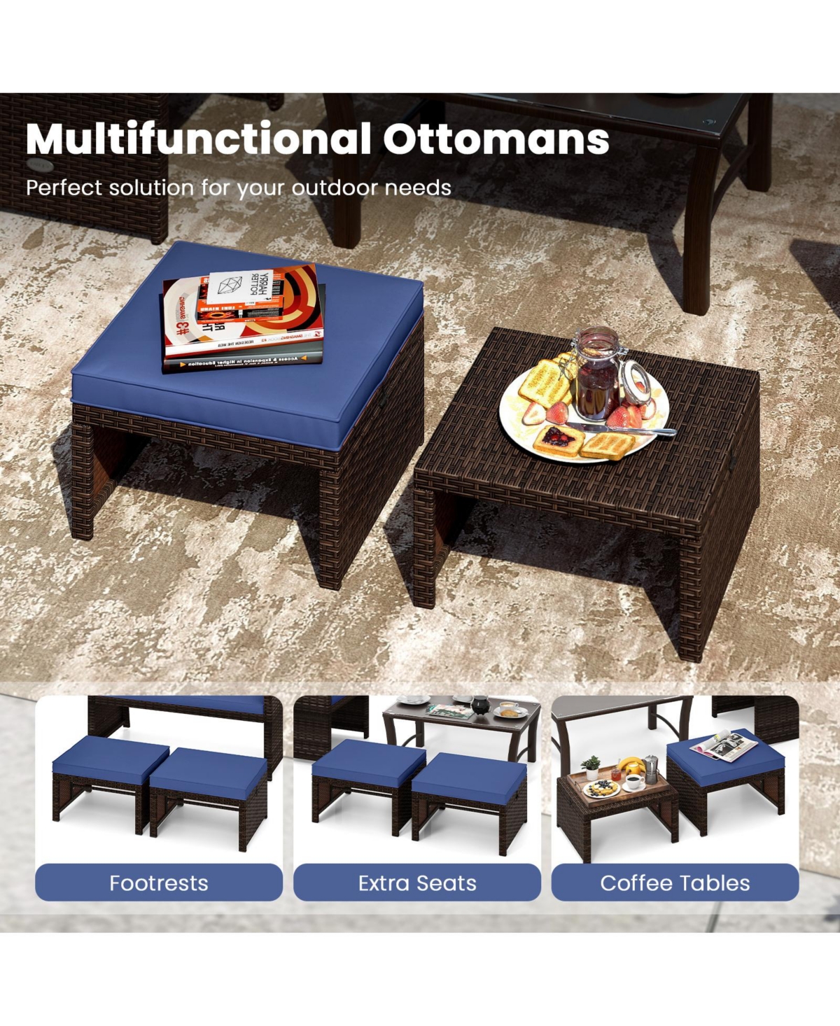 Gymax Set of 2 Patio Pe Rattan Ottomans w/ Soft Zippered Cushions for Deck Outdoor